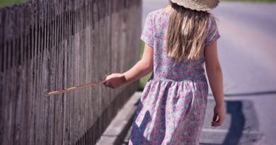 Girl touching wood fence with wood stick
